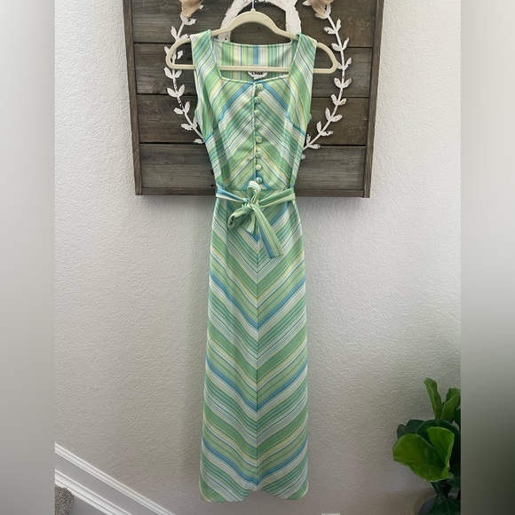 Vintage Dresses & Skirts - VTG Melissa Lane green striped sleeveless‎ belted maxi dress size 10